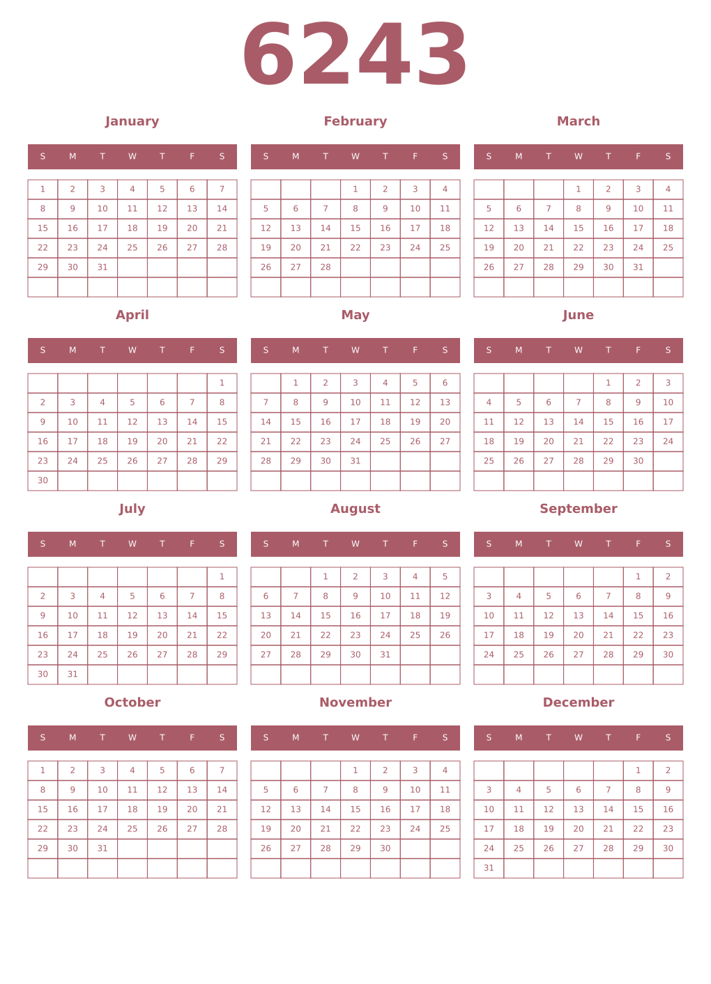 Printable 6243 Year Calendars puce
