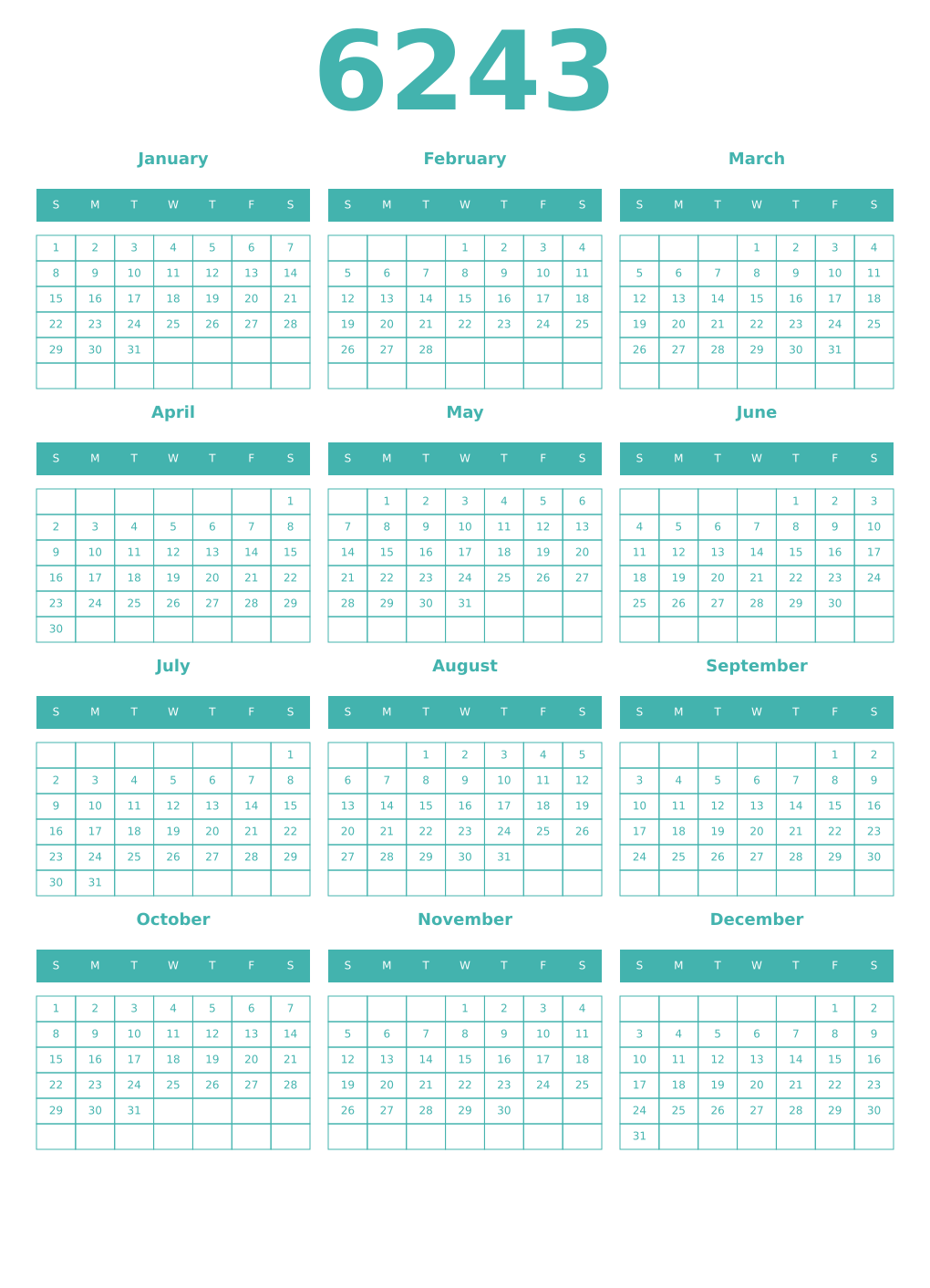 Printable 6243 Year Calendars verdigris