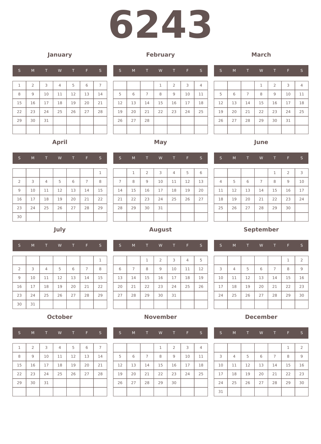 Printable 6243 Year Calendars wenge