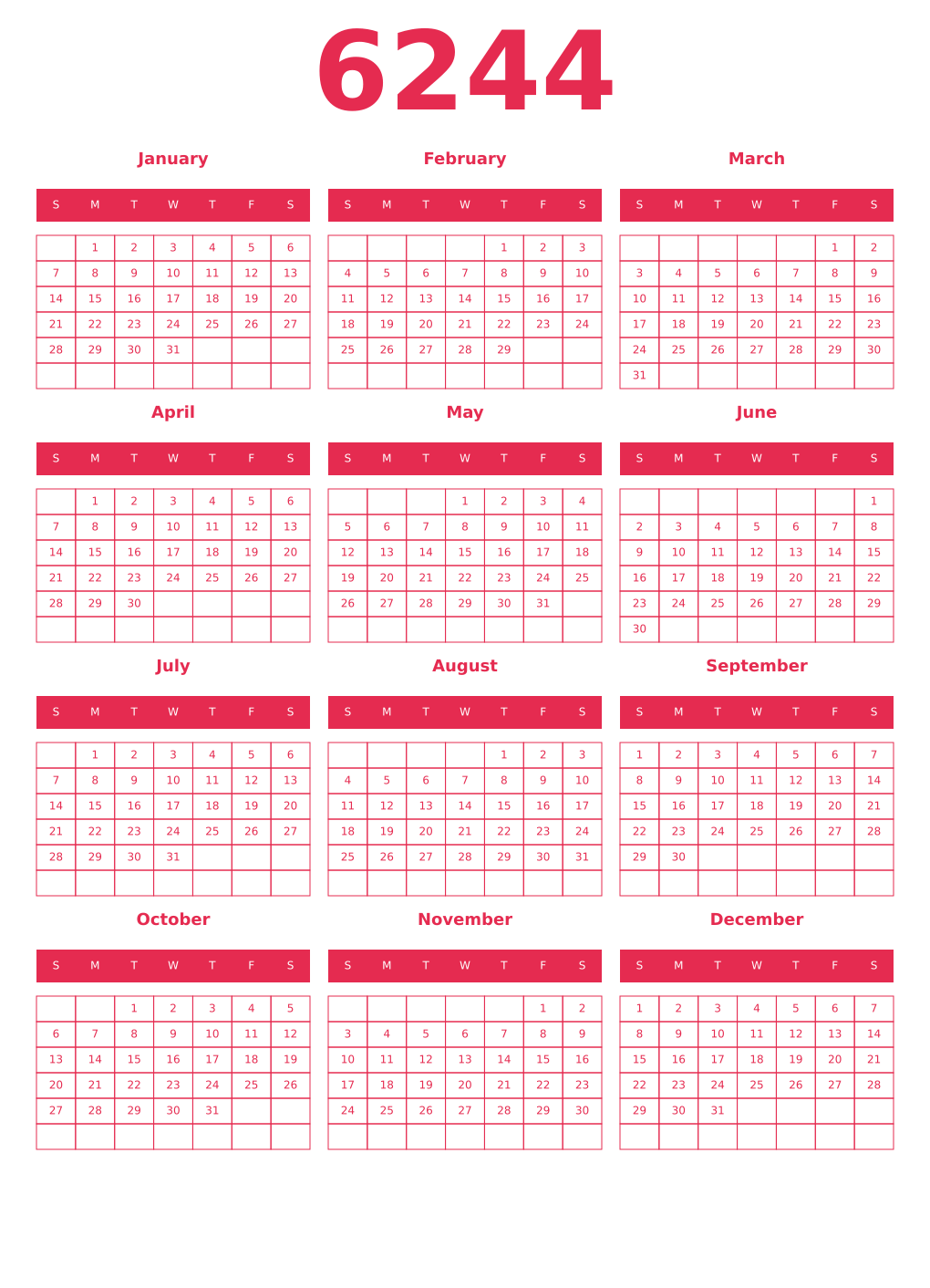 Printable 6244 Year Calendars amaranth