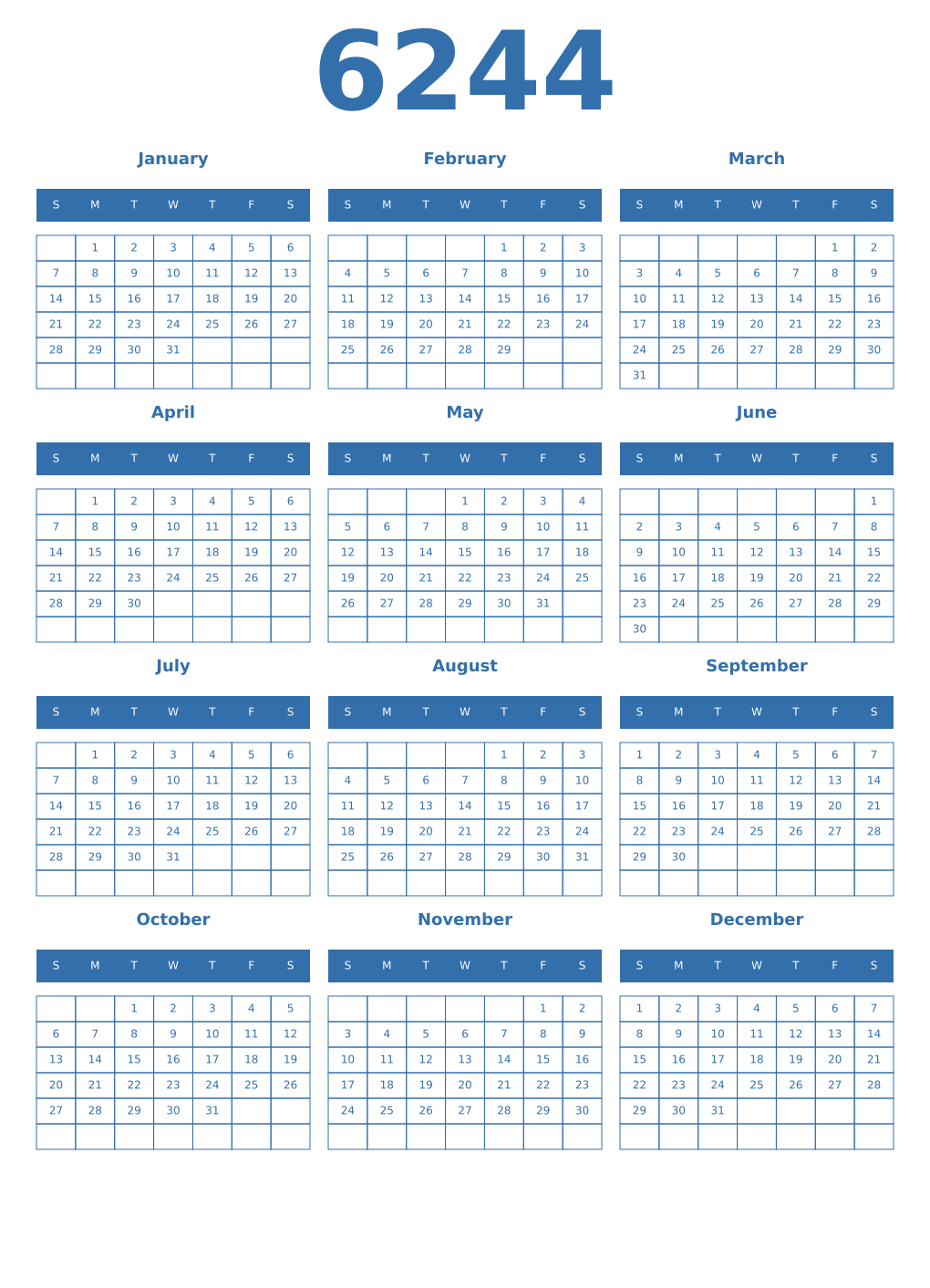 Printable 6244 Year Calendars blue