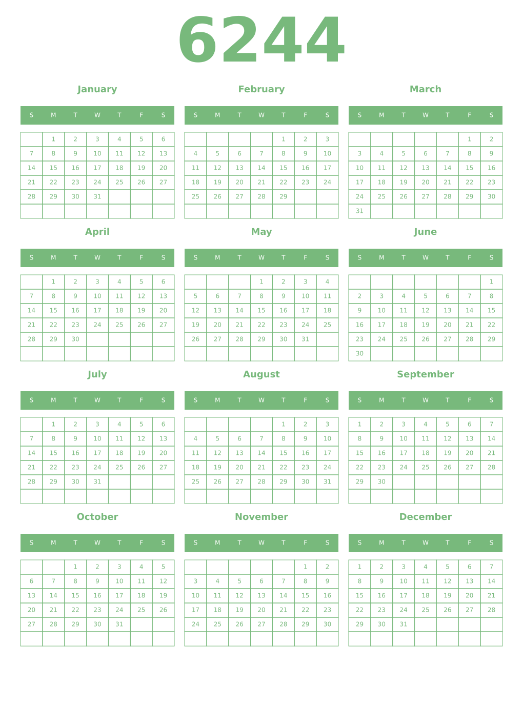 Printable 6244 Year Calendars celadon