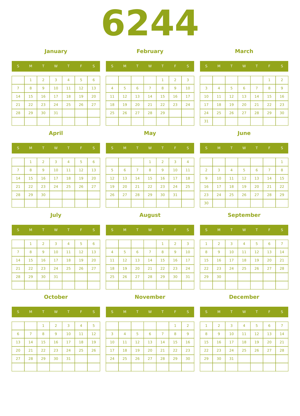 Printable 6244 Year Calendars chartreuse