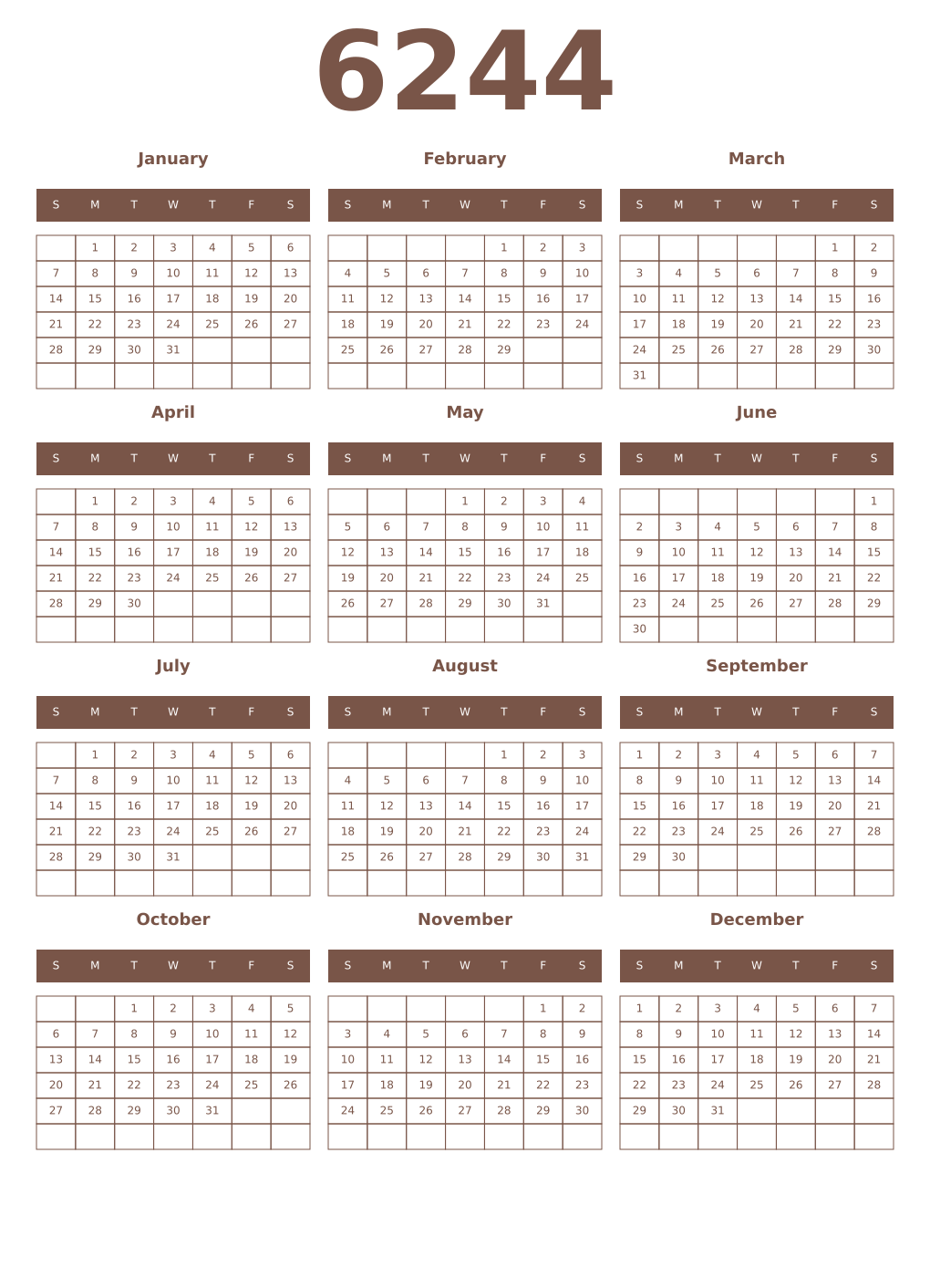 Printable 6244 Year Calendars coffe
