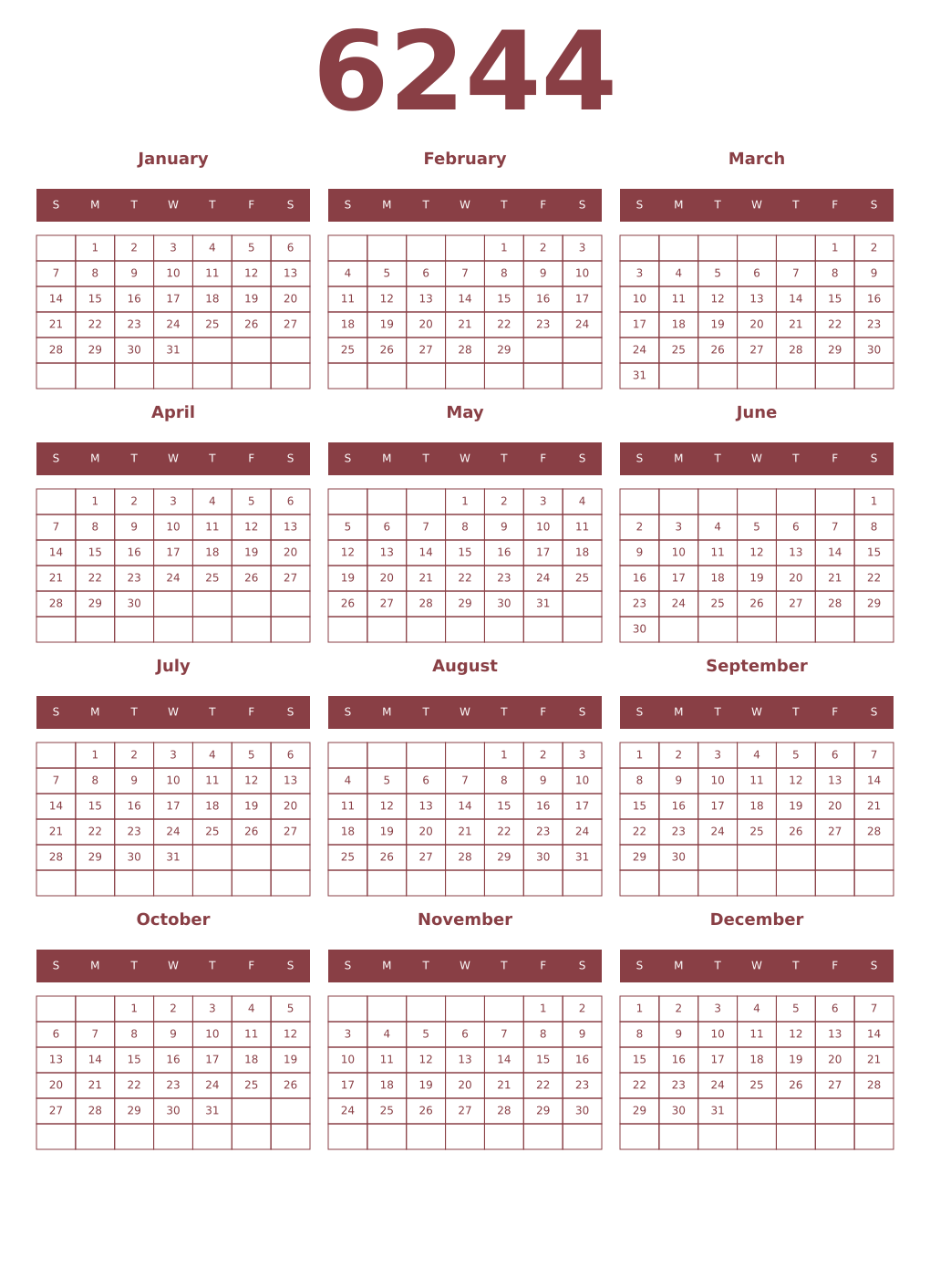Printable 6244 Year Calendars cordovan