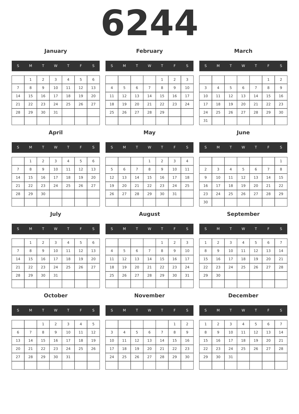 Printable 6244 Year Calendars dark