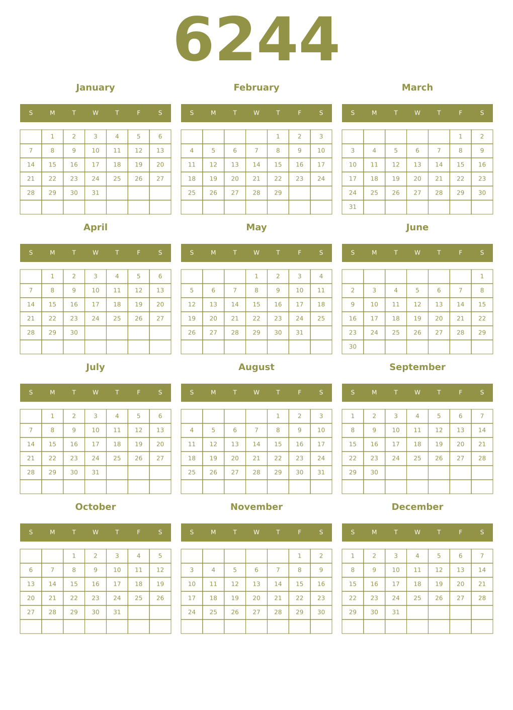 Printable 6244 Year Calendars eburnean