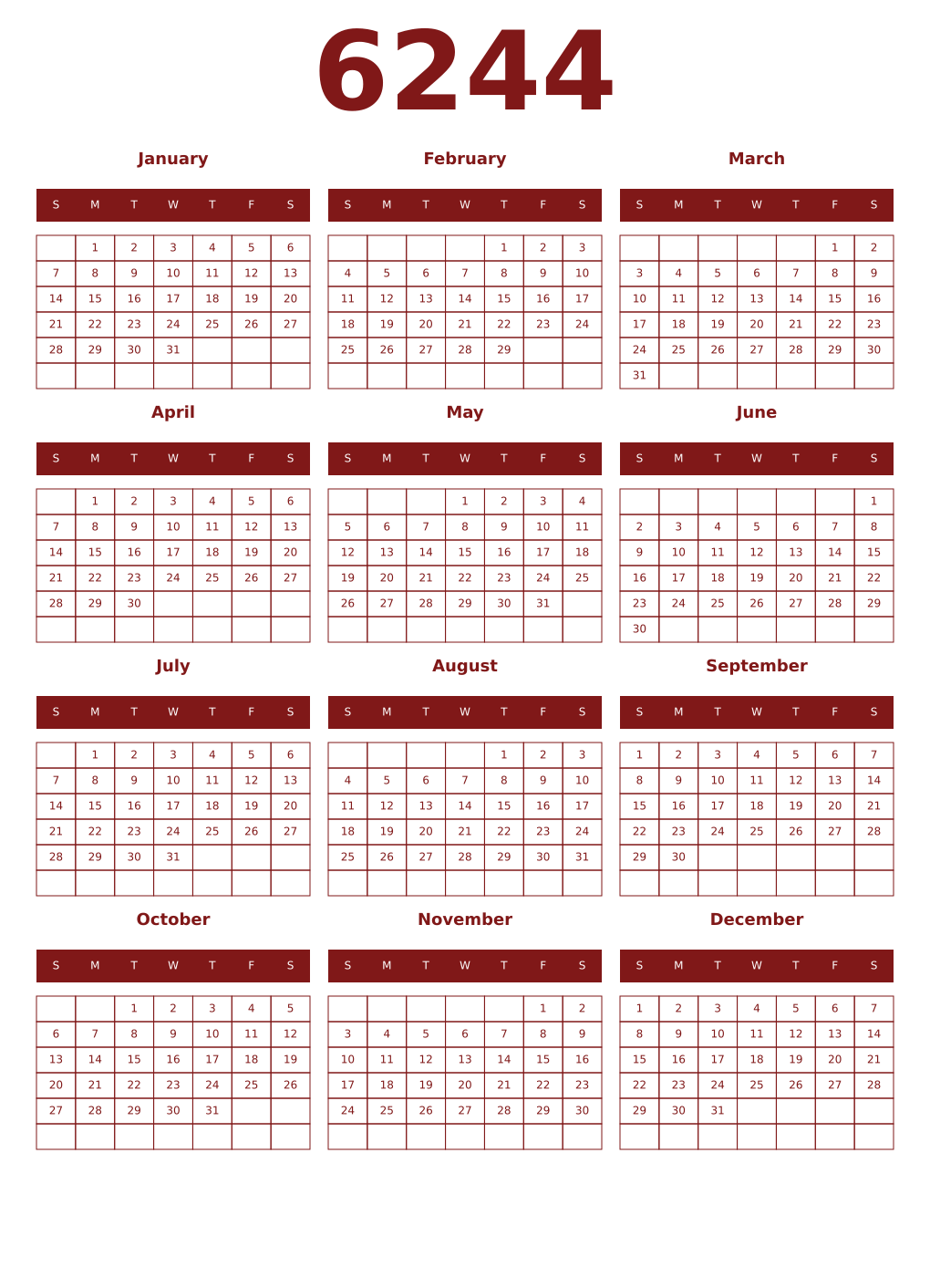 Printable 6244 Year Calendars falu