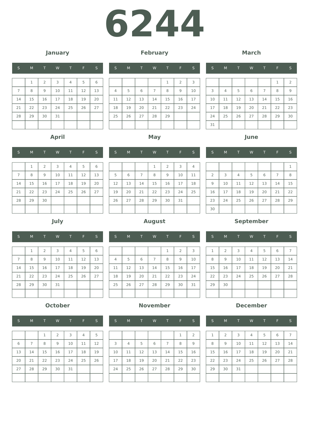 Printable 6244 Year Calendars feldgrau