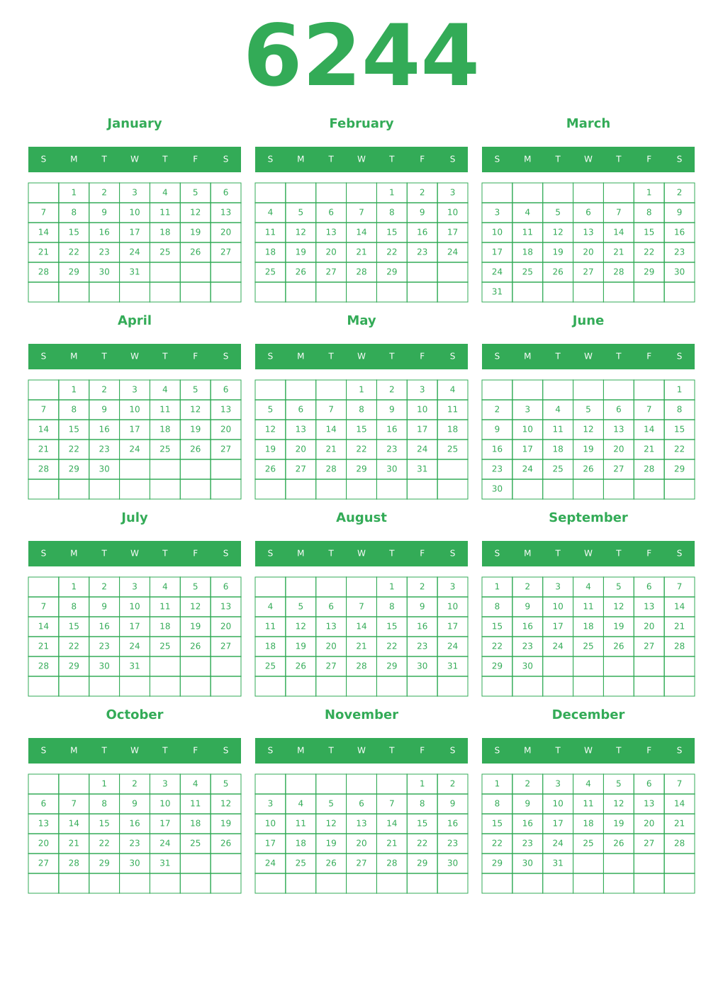Printable 6244 Year Calendars green