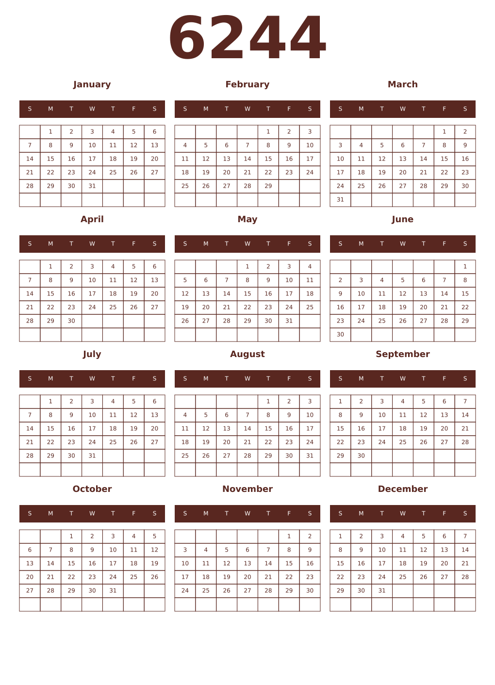 Printable 6244 Year Calendars mortuum