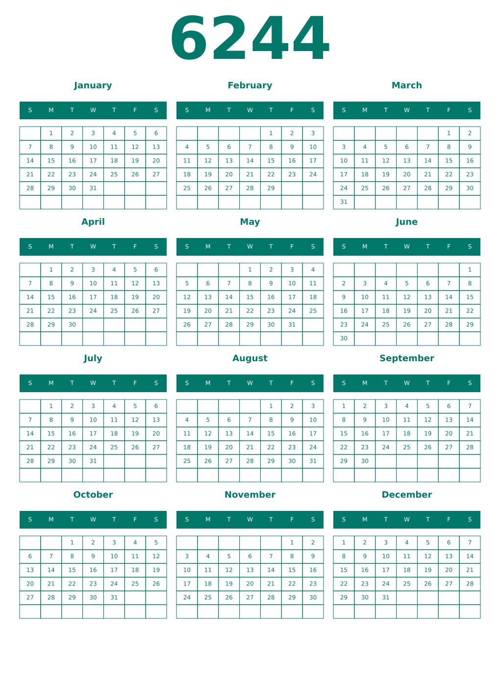 Printable 6244 Year Calendars pastel