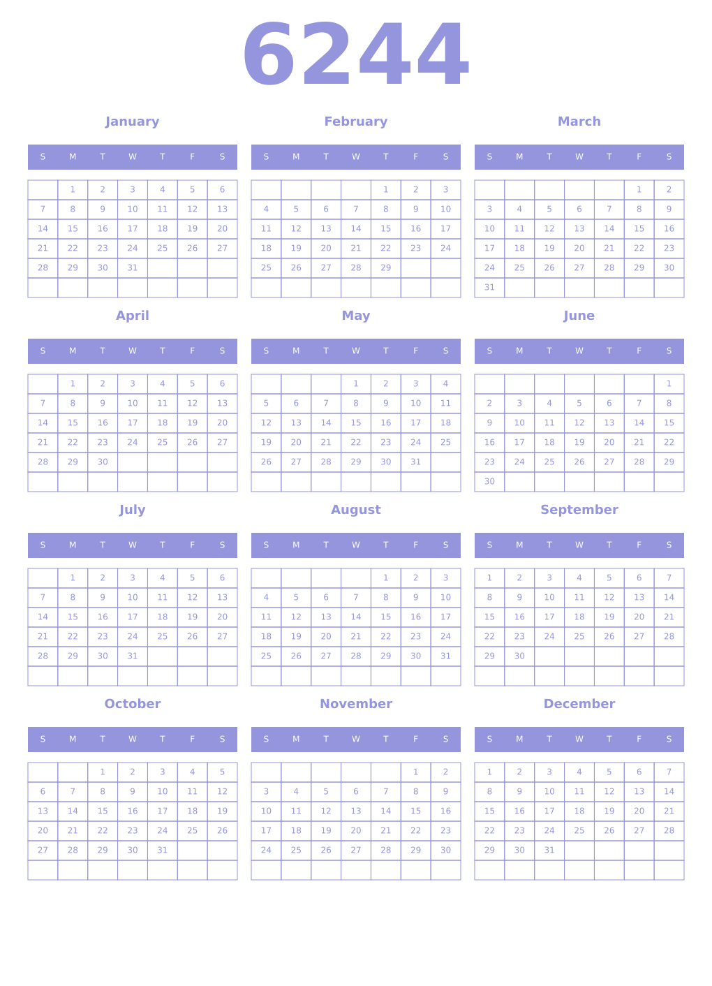 Printable 6244 Year Calendars periwinkle