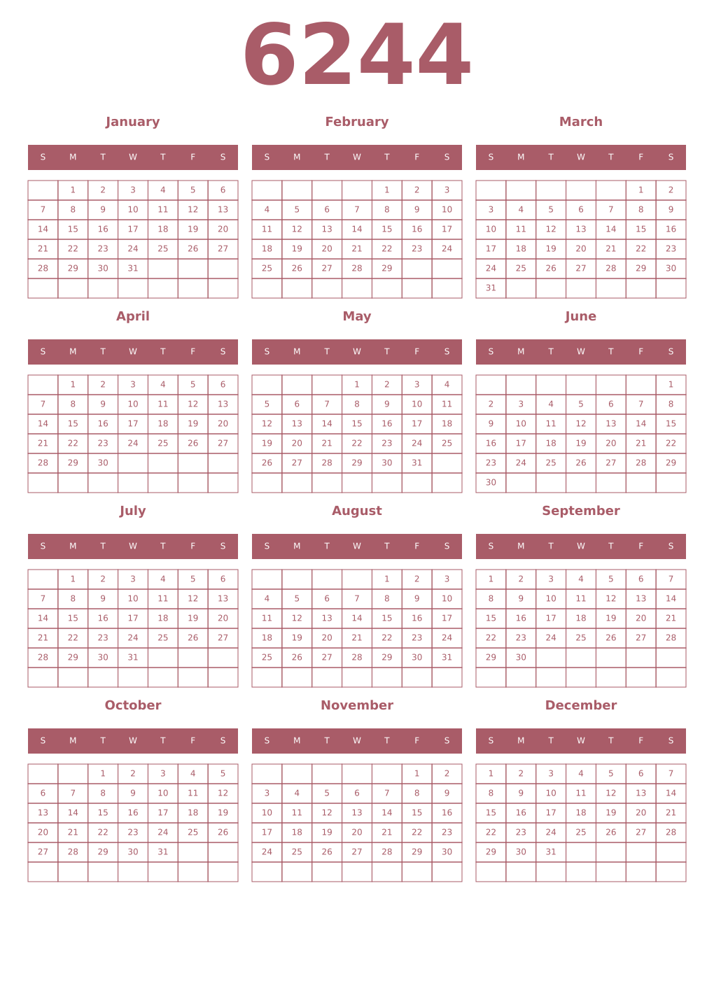 Printable 6244 Year Calendars puce
