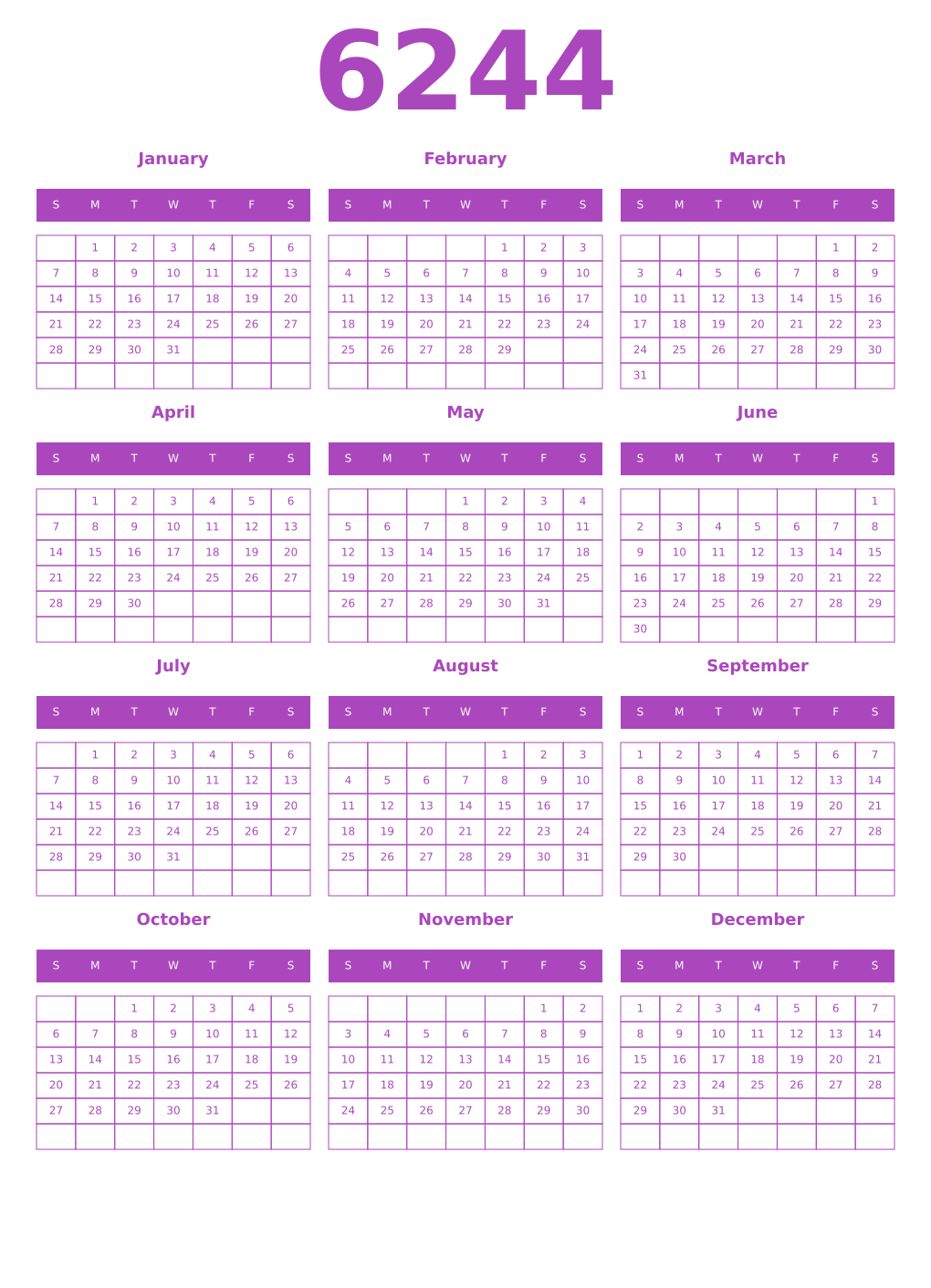 Printable 6244 Year Calendars purple