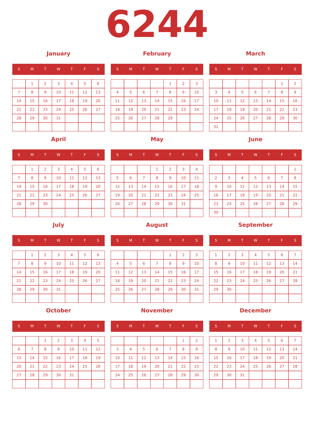 Printable 6244 Year Calendars red