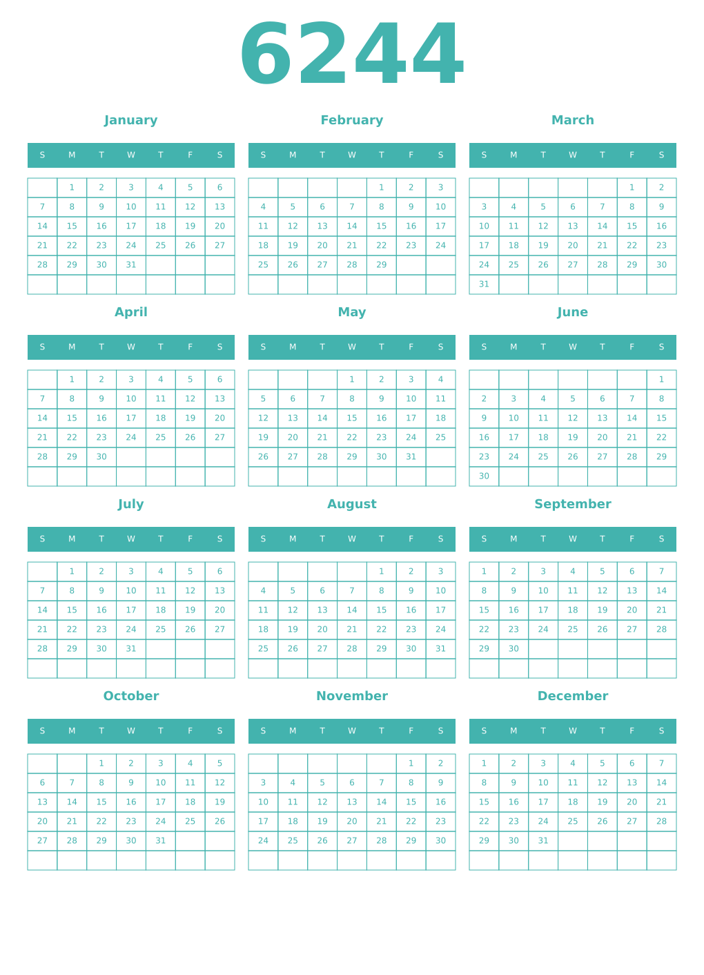 Printable 6244 Year Calendars verdigris