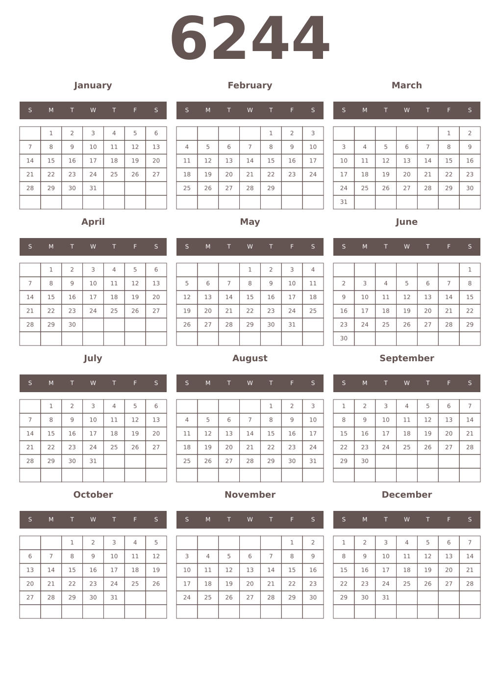 Printable 6244 Year Calendars wenge