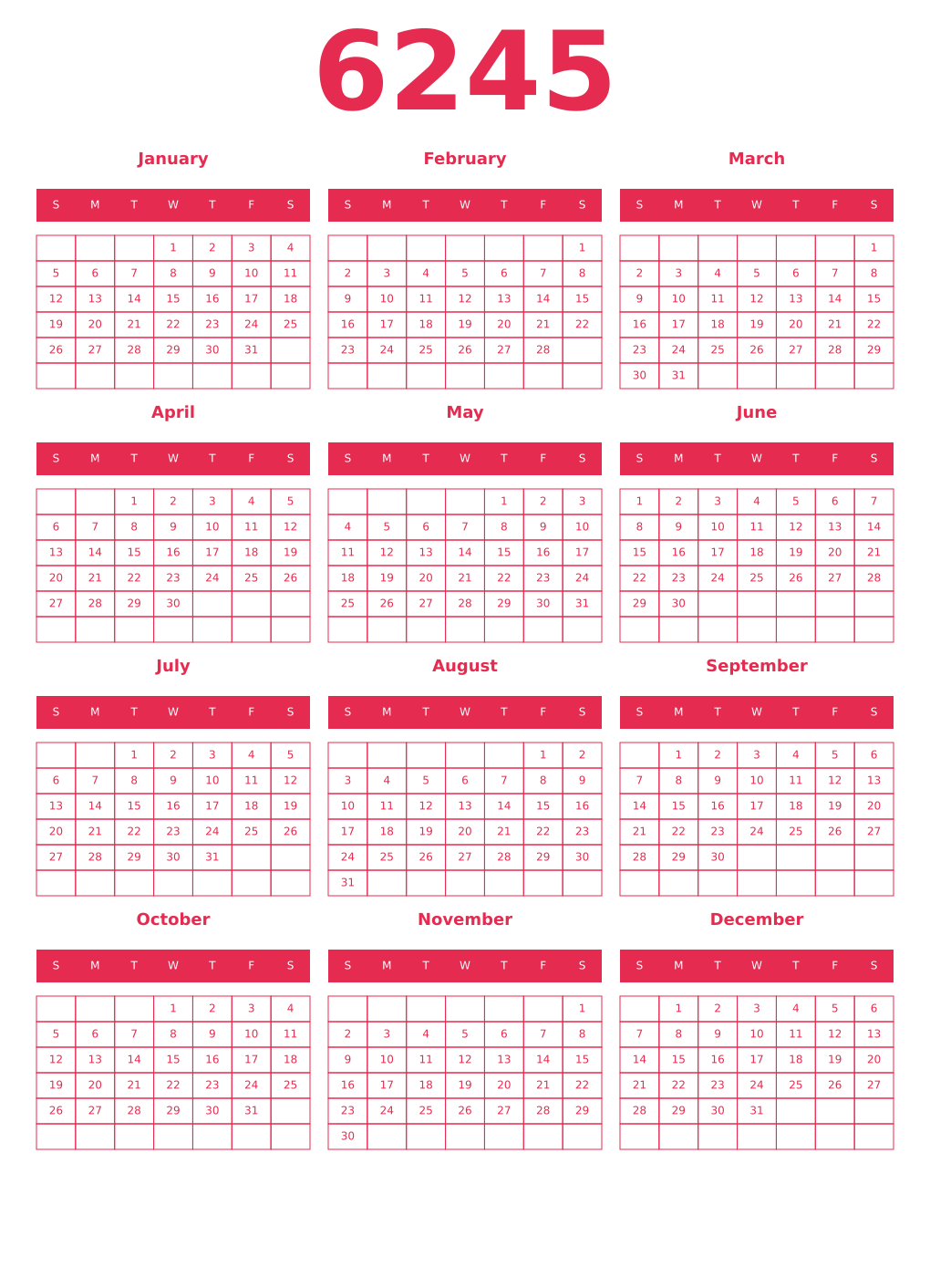 Printable 6245 Year Calendars amaranth