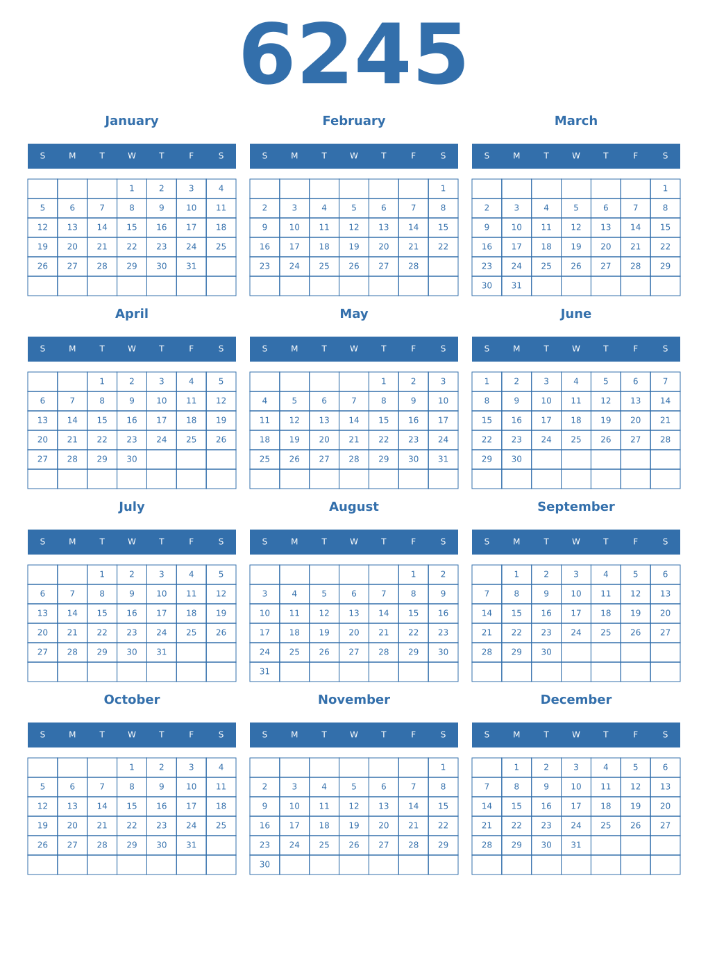 Printable 6245 Year Calendars blue