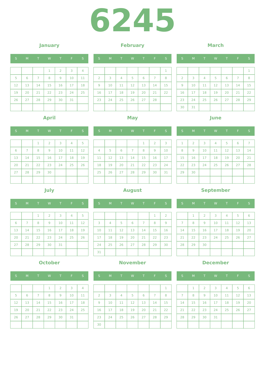 Printable 6245 Year Calendars celadon