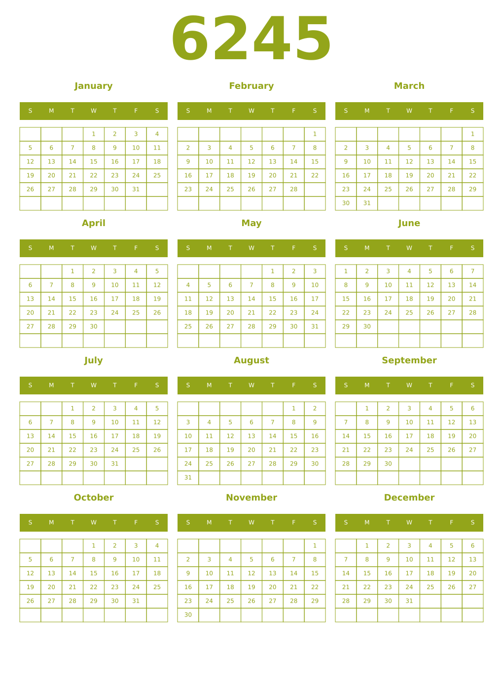 Printable 6245 Year Calendars chartreuse