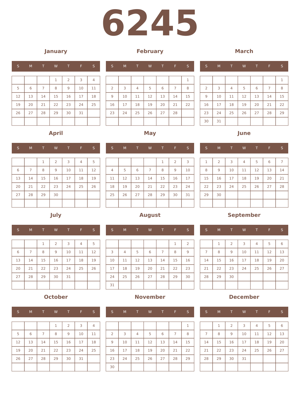 Printable 6245 Year Calendars coffe