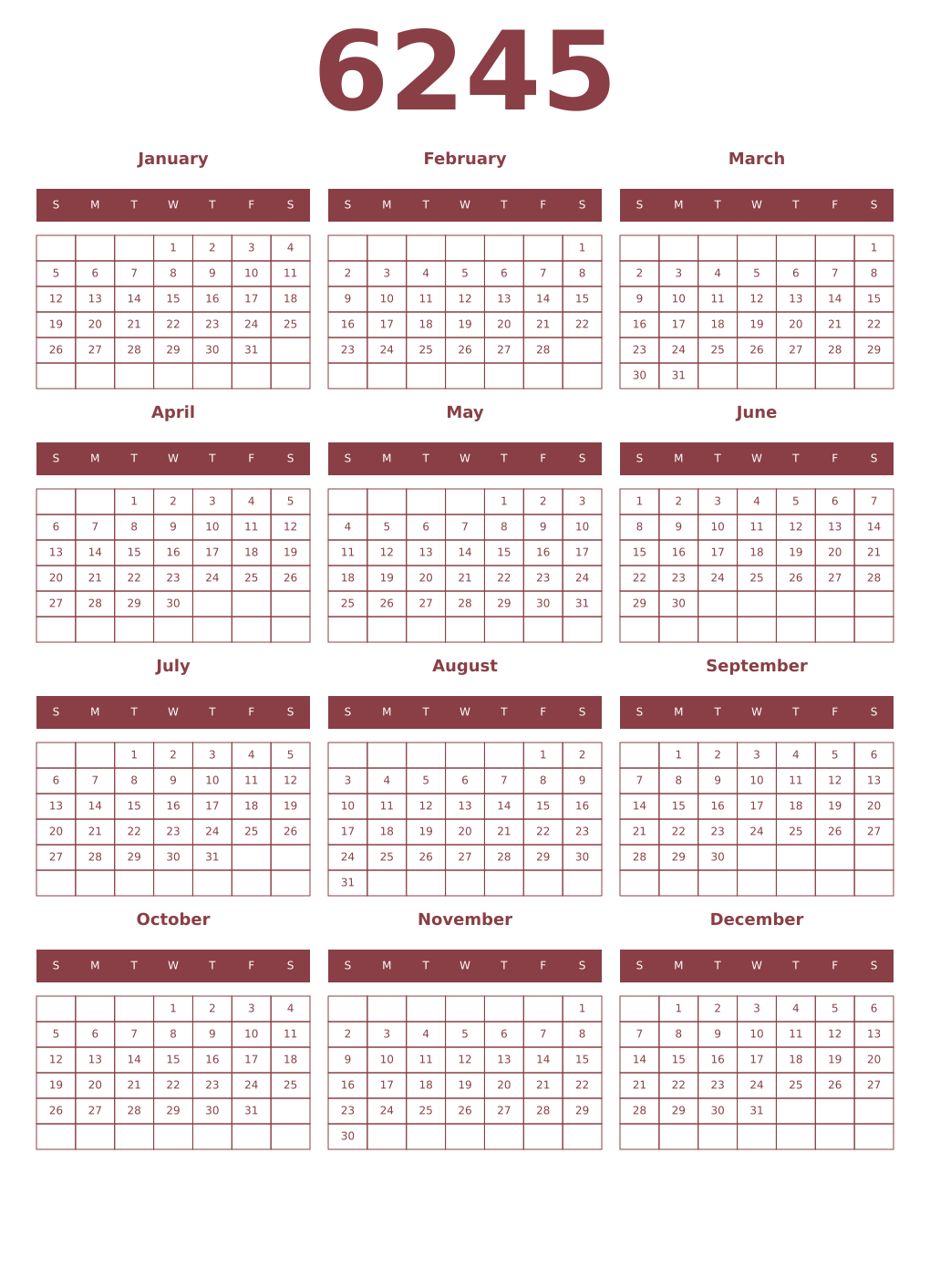 Printable 6245 Year Calendars cordovan