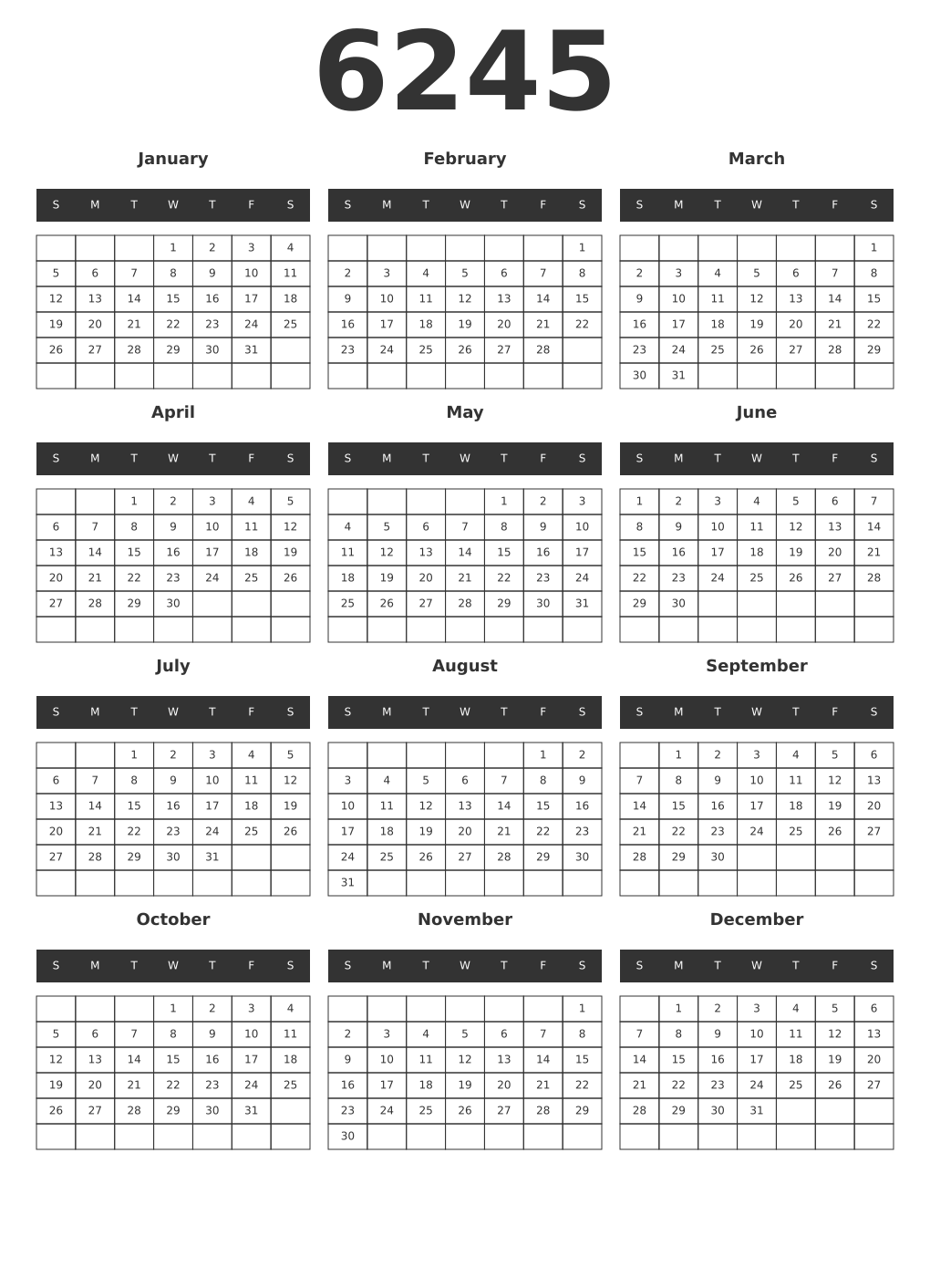 Printable 6245 Year Calendars dark
