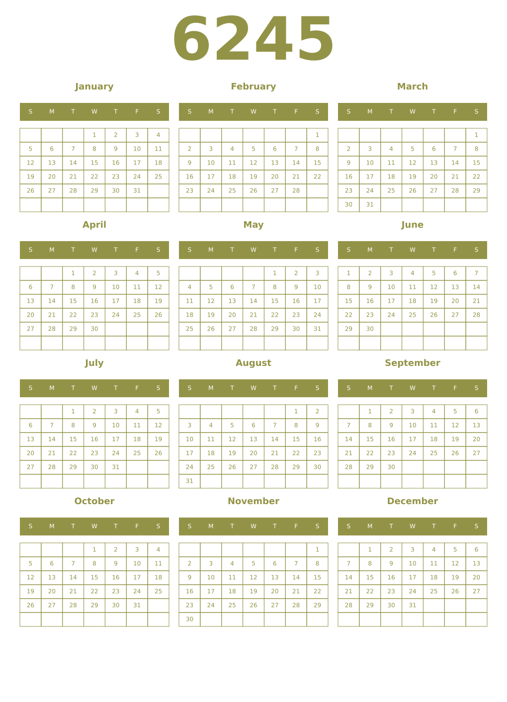 Printable 6245 Year Calendars eburnean