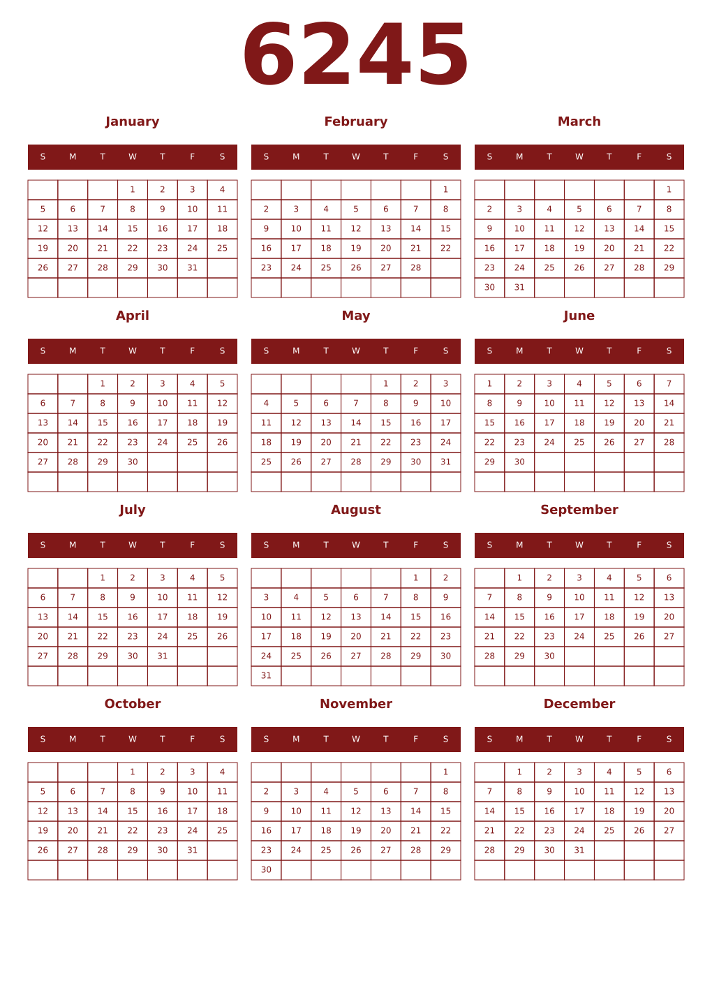 Printable 6245 Year Calendars falu