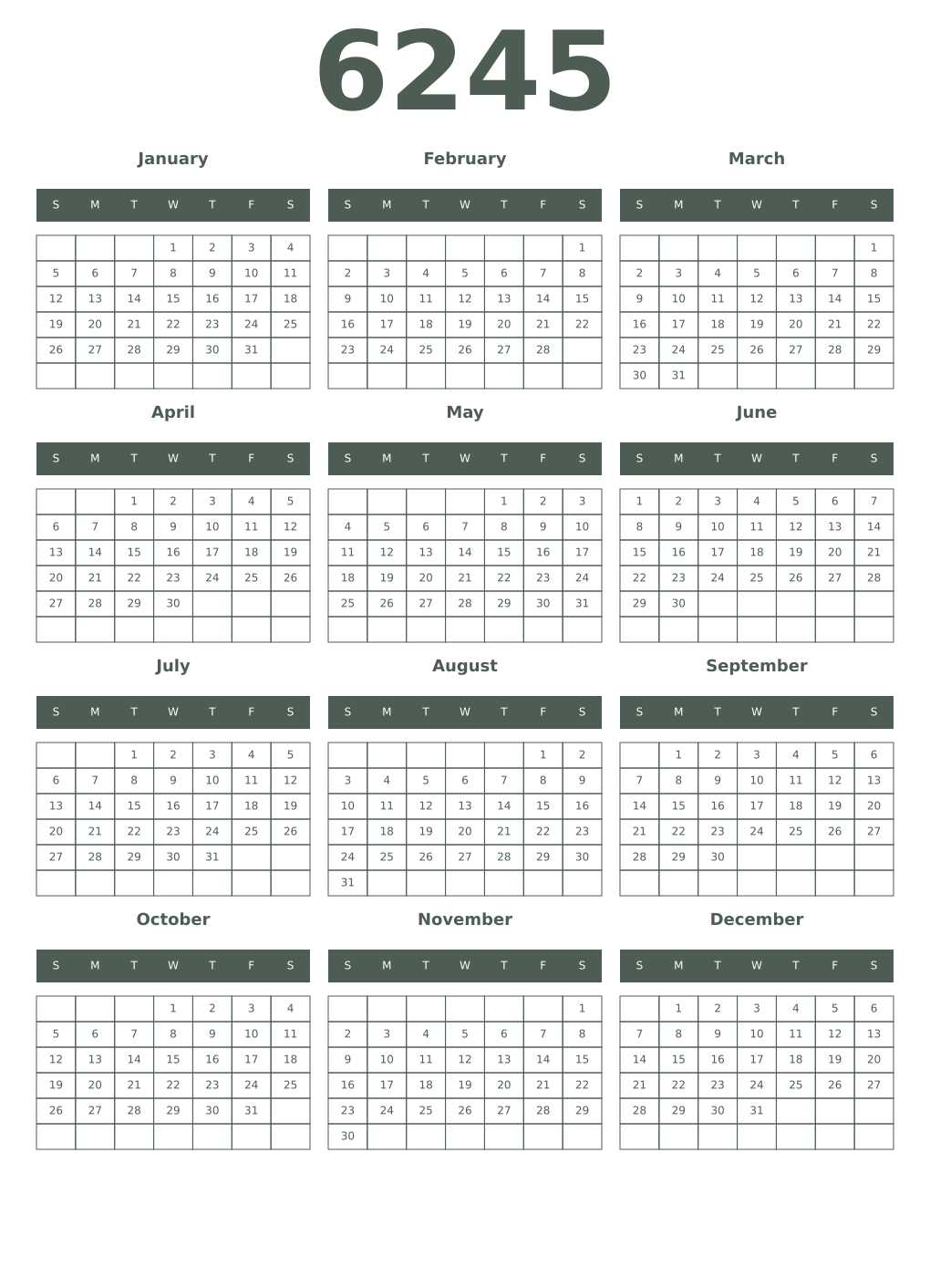 Printable 6245 Year Calendars feldgrau