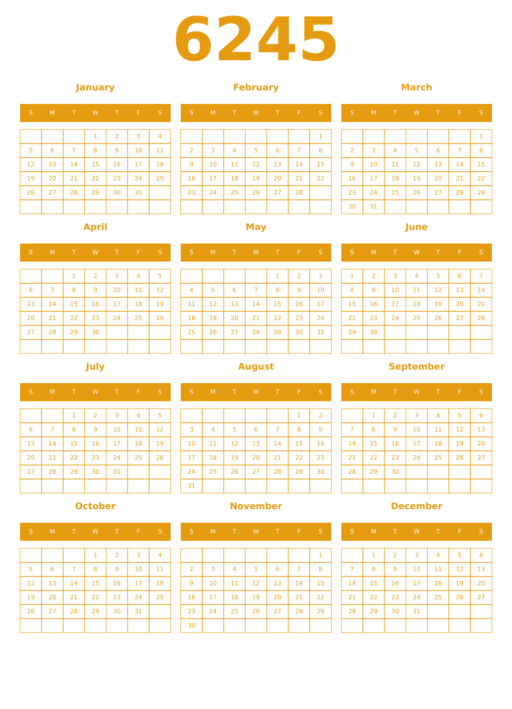 Printable 6245 Year Calendars gamboge