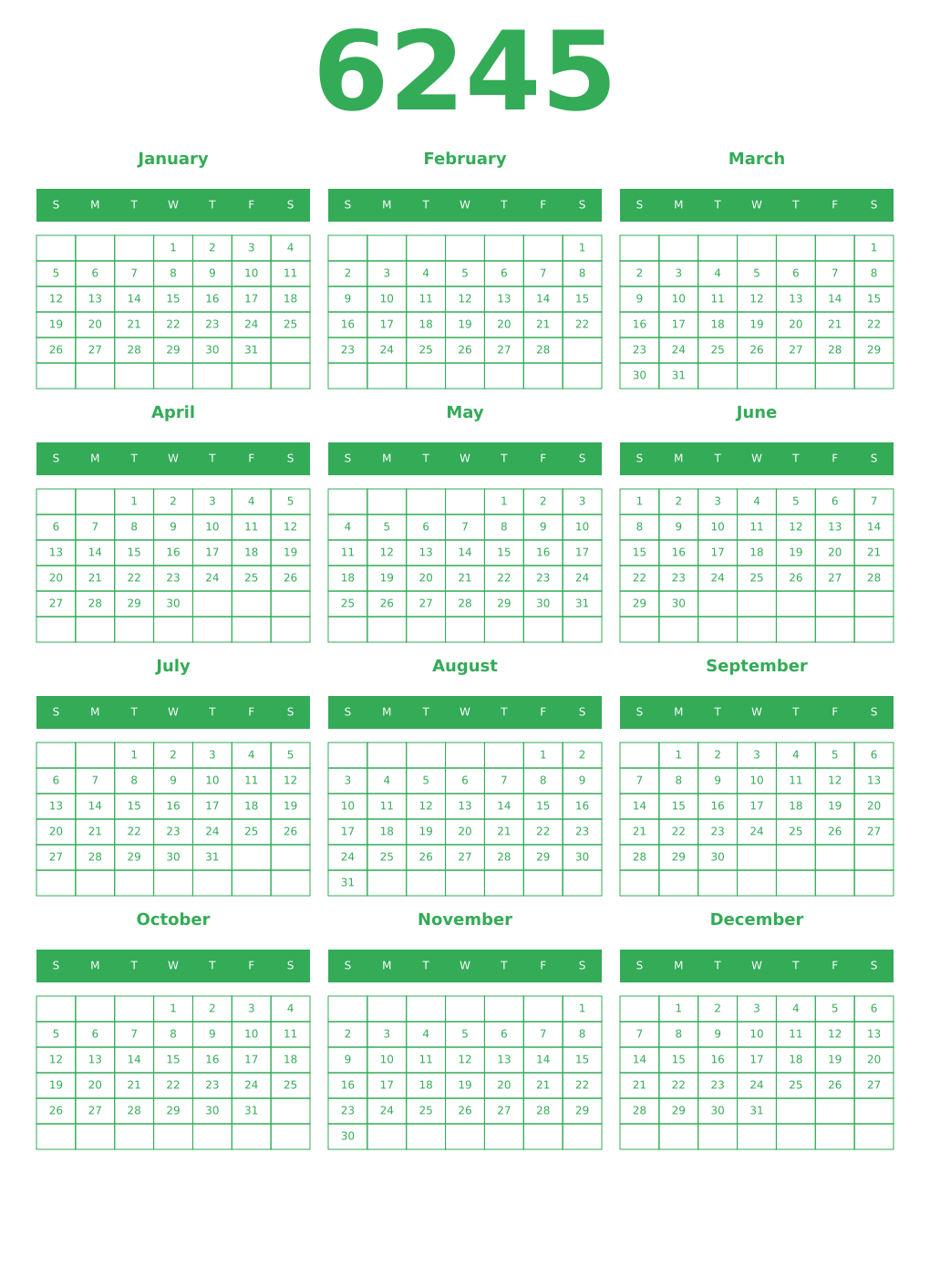 Printable 6245 Year Calendars green