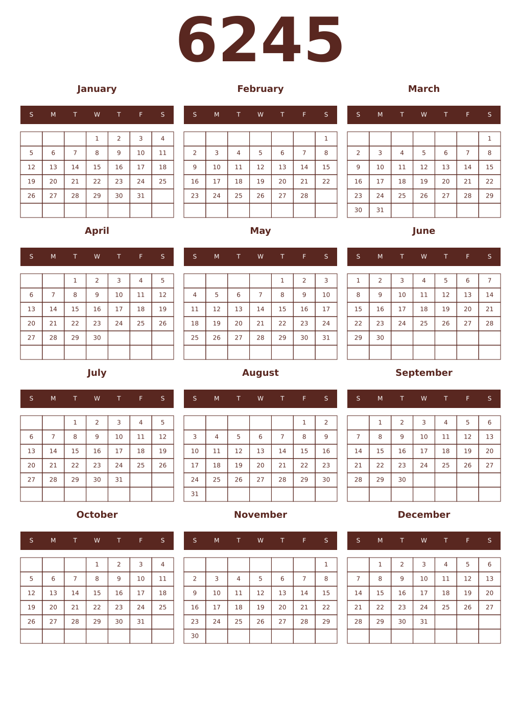 Printable 6245 Year Calendars mortuum