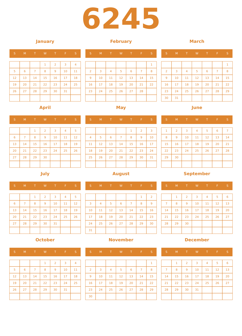 Printable 6245 Year Calendars orange