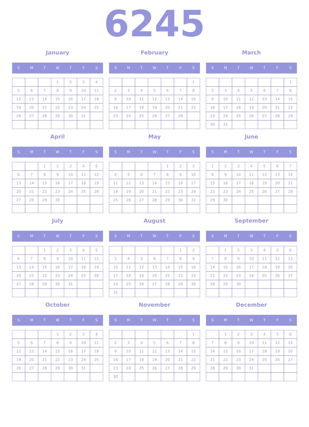 Printable 6245 Year Calendars periwinkle