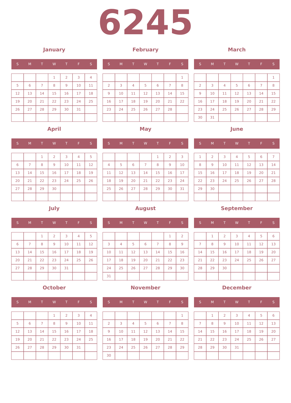 Printable 6245 Year Calendars puce
