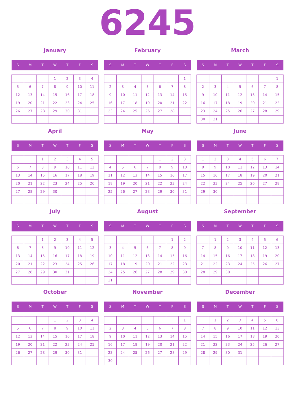 Printable 6245 Year Calendars purple