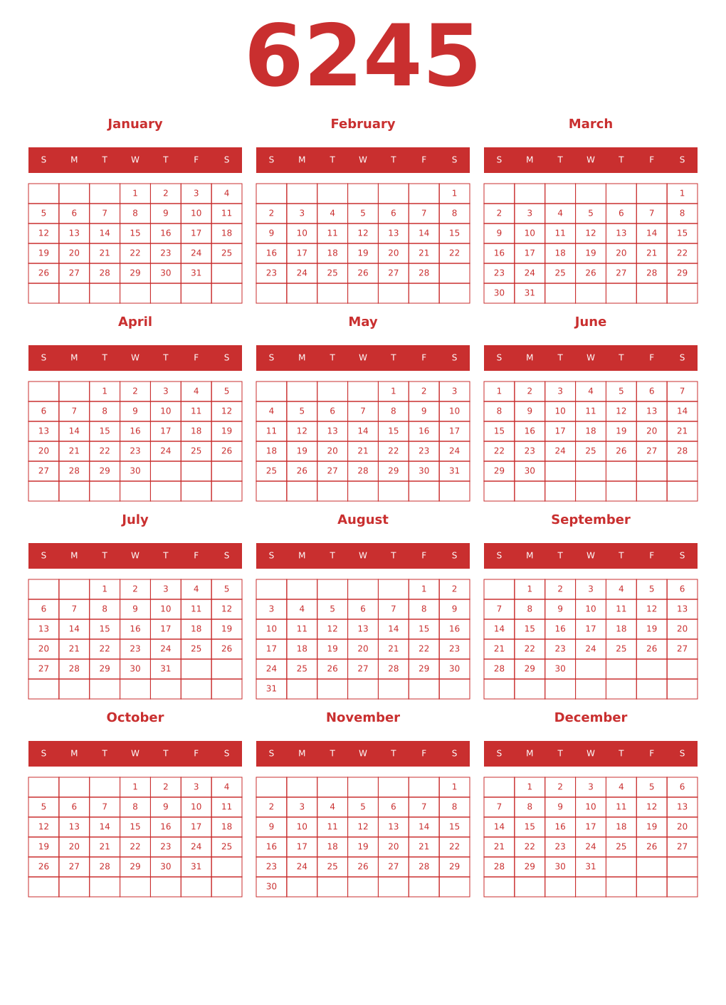 Printable 6245 Year Calendars red
