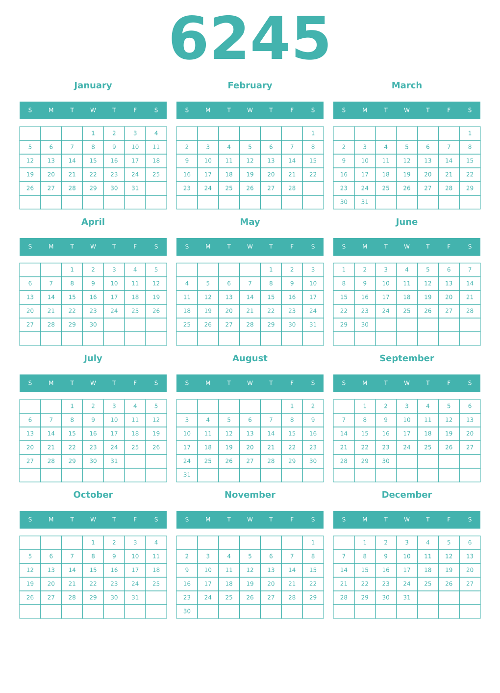 Printable 6245 Year Calendars verdigris