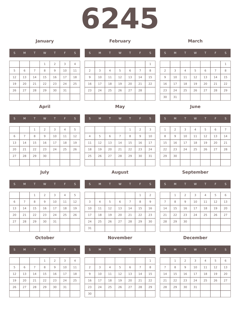 Printable 6245 Year Calendars wenge