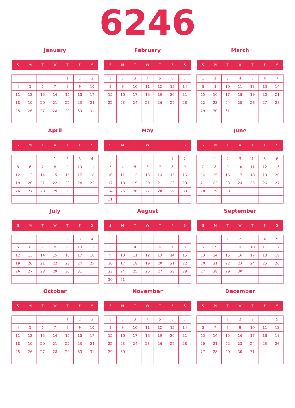 Printable 6246 Year Calendars amaranth