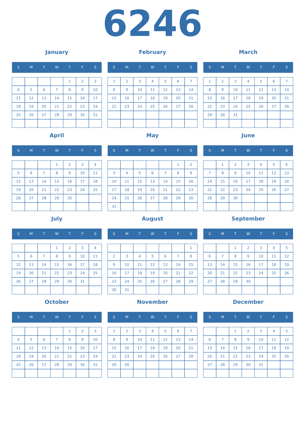 Printable 6246 Year Calendars blue