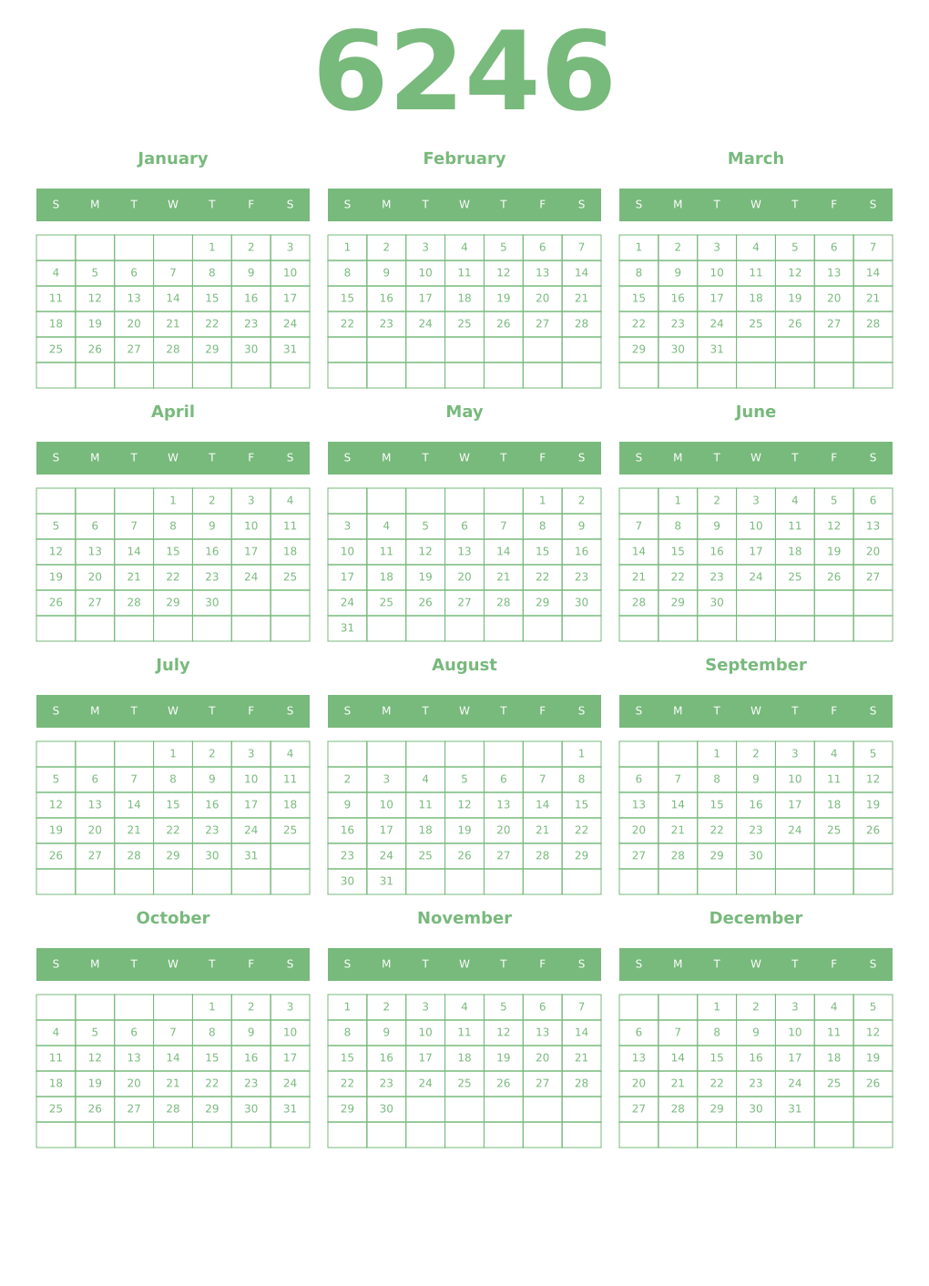 Printable 6246 Year Calendars celadon