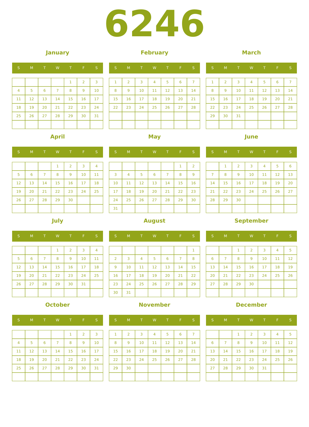 Printable 6246 Year Calendars chartreuse