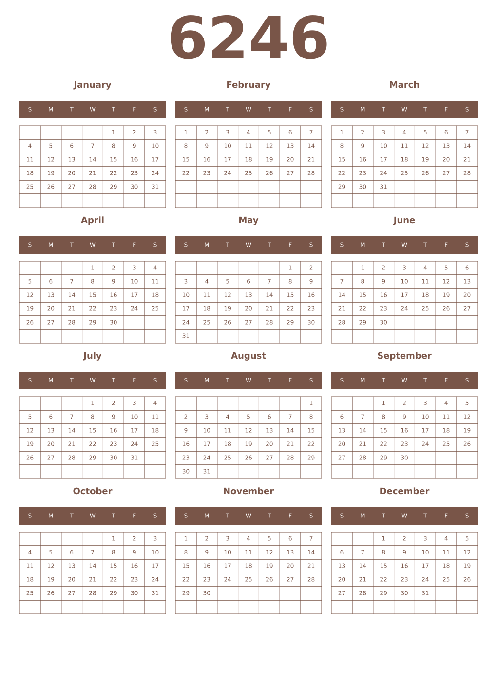 Printable 6246 Year Calendars coffe
