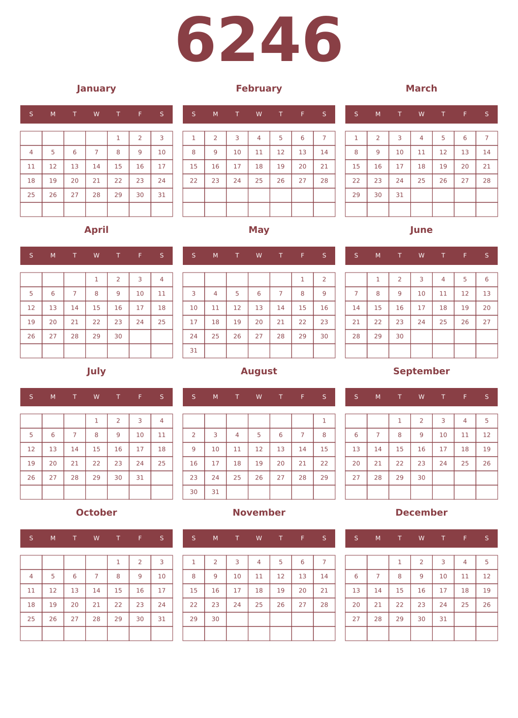 Printable 6246 Year Calendars cordovan