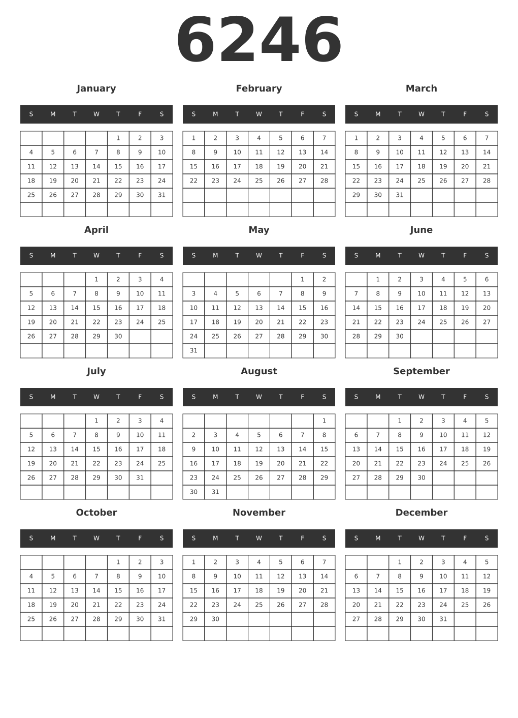 Printable 6246 Year Calendars dark