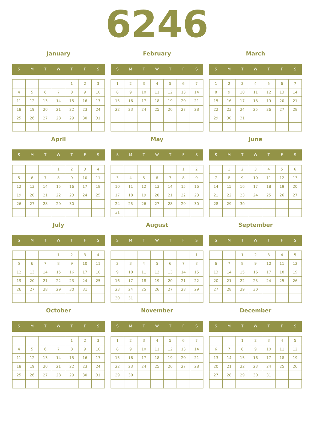 Printable 6246 Year Calendars eburnean